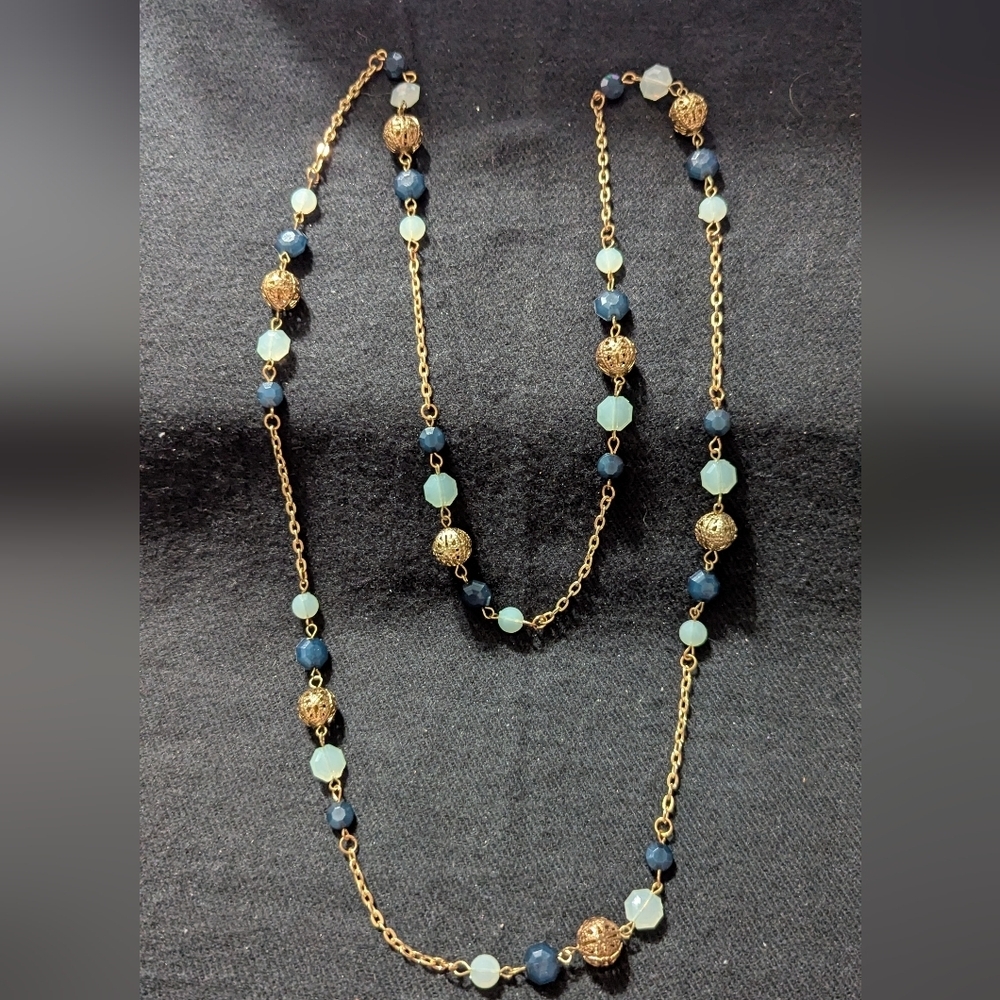 Gold Tone Blue And Translucent Beaded Long Statement Necklace